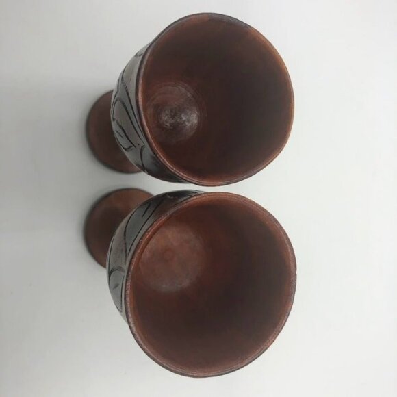 Vintage Hand Carved Wood Goblets Floral Design Collectible Set of 2 - Picture 7 of 12
